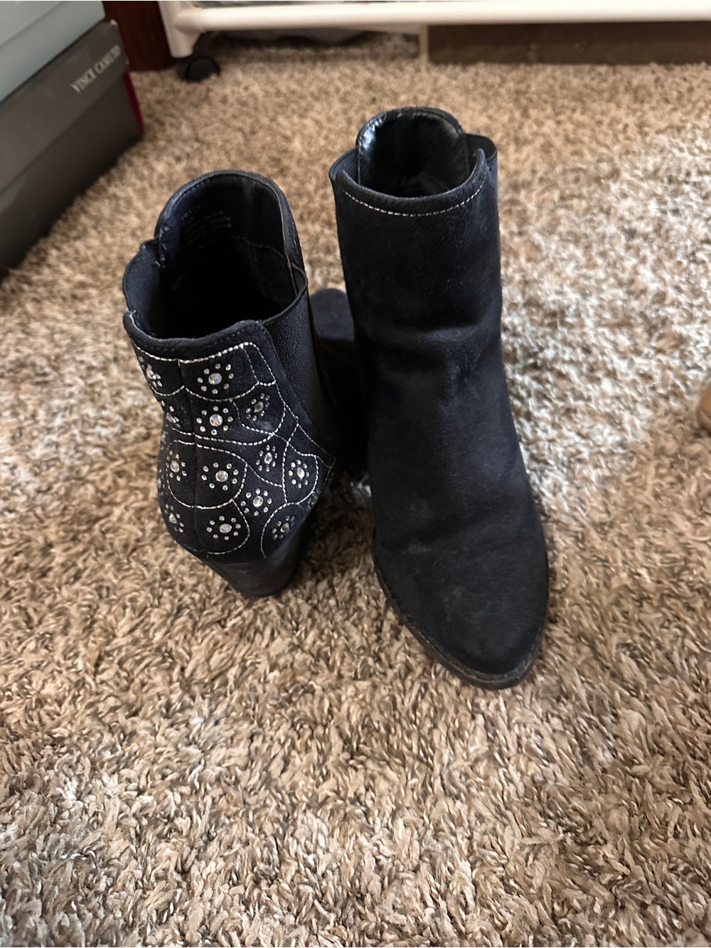 Women's Black Suede Ankle Boots with Studded Back Detail
